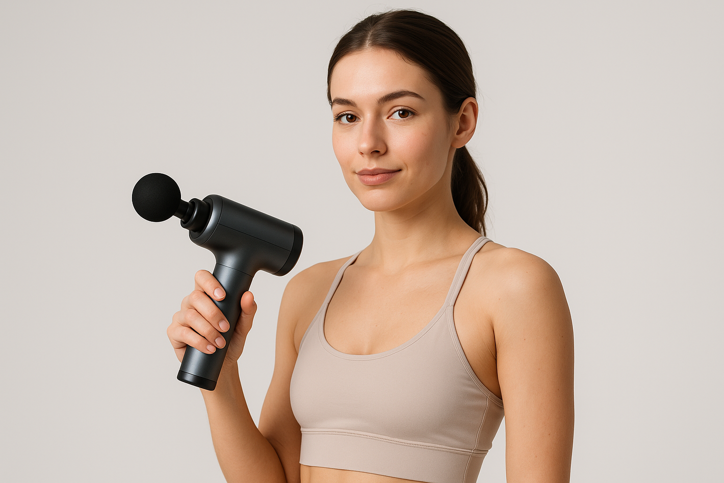 génère moi une image d'une jeune fille avec un pistolet de massage électrique à la main